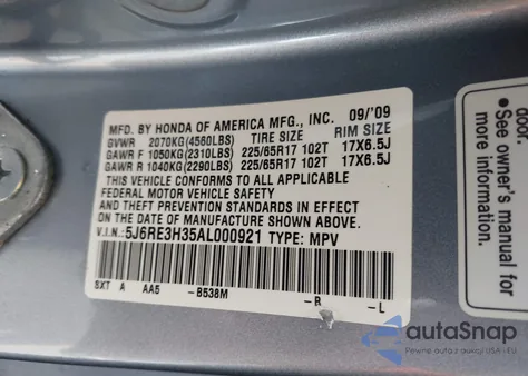 2010 Honda Cr-V Lx from USA, damaged, VIN 5J6RE3H35AL000921